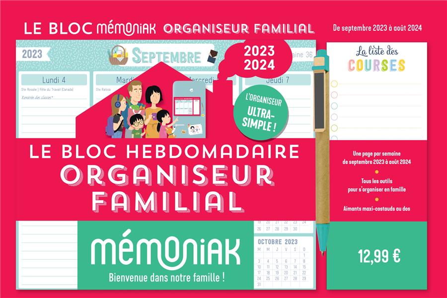 LE BLOC HEBDOMADAIRE ORGANISEUR FAMILIAL MEMONIAK 2024